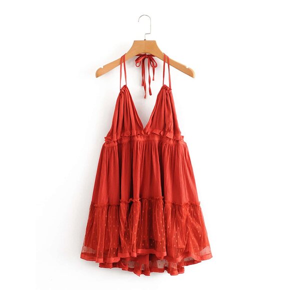 Tie back halter mini dress backless lace layered polkadot scarlet orange boho - Picture 2 of 8